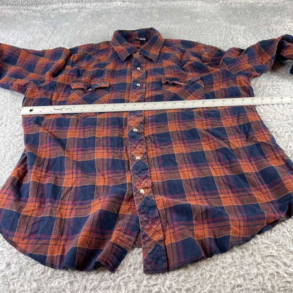 Wrangler Mens XL Plaid Long Sleeve Button Up Shirt Orange Navy Blue Flannel - Picture 5 of 10